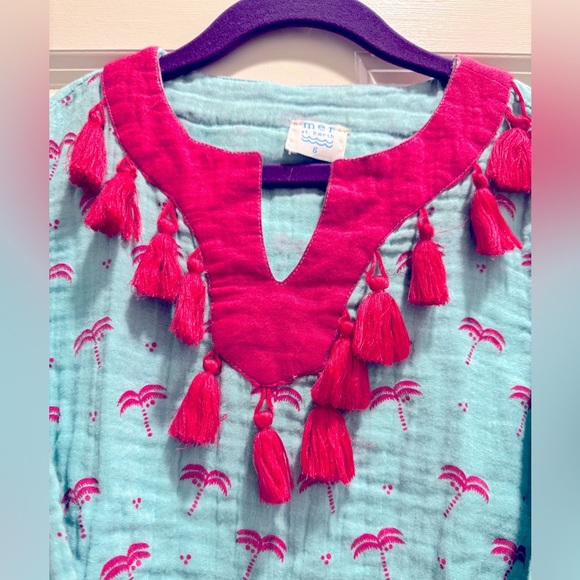 MER ST BARTH Kids Sz 6 Teal Tunic Top with Pink Flamingo Print and Pink Tassels - Picture 5 of 5